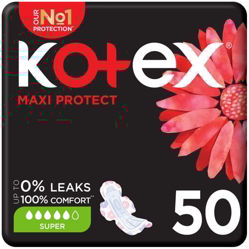 Kotex Maxi Protect Thick Pads, Super Size Sanitary Pads with Wings, 50 Sanitary Pads